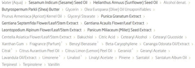 Supplement facts for Blue Gentian Revitalising Serum Body Lotion listing ingredients including A-Pinene, Alpha-Pinene, Alpha-Terpinene, Apricot Oil, Beta-Pinene