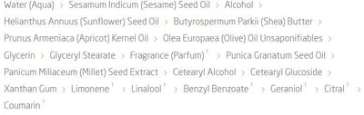Supplement facts for Sea Buckthorn Regenerating Body Lotion listing ingredients including Apricot Kernel Oil, Cetyl Alcohol, Coumarin, Glyceryl Stearate SE, Glycine