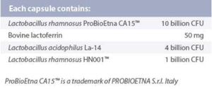 Ingredients: Lactobacillus rhamnosus ProBioEtna CA15, Bovine Iactoferrin, Lactobacillus acidophilus La-4,
Lactobacillus rhamnosus HN001.
