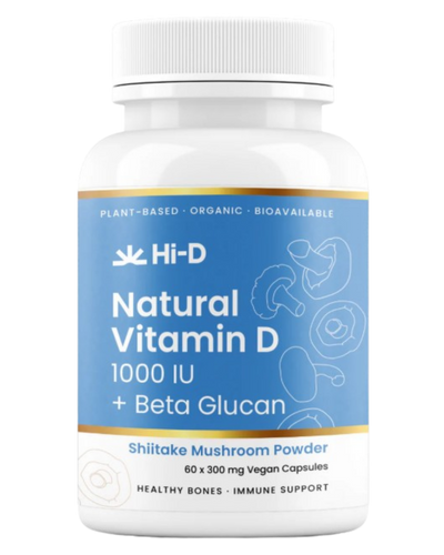 A supplement container of Natural Vitamin D 1000IU + Beta-Glucan by Hi-D