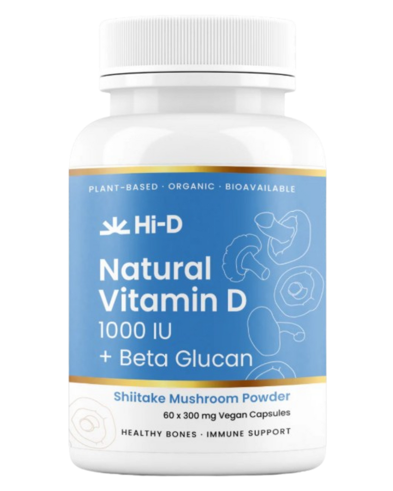 A supplement container of Natural Vitamin D 1000IU + Beta-Glucan by Hi-D