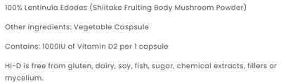 Supplement facts for Natural Vitamin D 1000IU listing ingredients including Lentinula edodes, Shiitake, Shiitake (Lentinula edodes), Vitamin D2 (ergocalciferol)