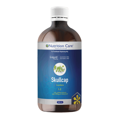 A supplement container of Skullcap 1:2 500ml by Nutrition Care