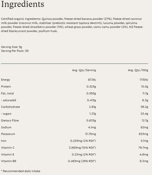 Supplement facts for Green Monster listing ingredients including Banana Extract, Black Currant Extract, Camu camu, Coconut, Myrciaria dubia