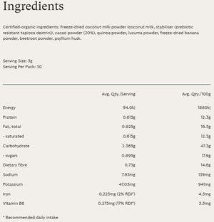 Supplement facts for Choco-licious listing ingredients including Banana Extract, Beet extract, Cacao, Cocao extract, Coconut