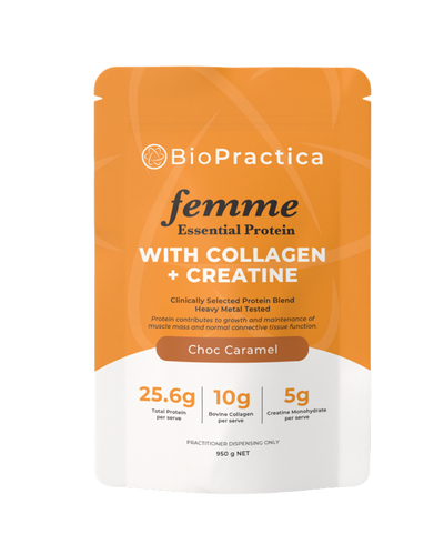 A supplement container of Femme Essential Protein by Bio-Practica