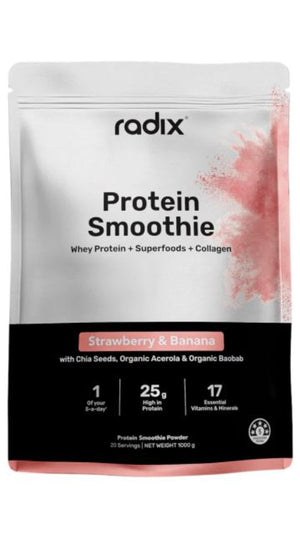 A Supplement bag with the name Whey Protein Smoothie (Strawberry & Banana) by Radix Nutrition).