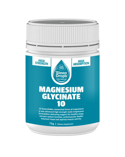 A supplement container of SleepDrops Magnesium Glycinate 10 powder by SleepDrops
