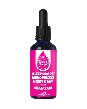 A supplement container of SleepDrops Menopauzzz Night + Day with Shatavari by SleepDrops