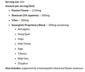 Supplement facts for SleepDrops Menopauzzz Night + Day with Shatavari listing ingredients including Angelica sinensis, Astragalus, Chaste Tree, Chaste tree (Vitex agnus-castus), Chinese chaste tree (Vitex negundo)