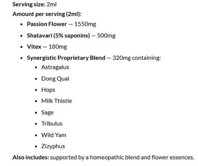 Supplement facts for SleepDrops Menopauzzz Night + Day with Shatavari listing ingredients including Angelica sinensis, Astragalus, Chaste Tree, Chaste tree (Vitex agnus-castus), Chinese chaste tree (Vitex negundo)