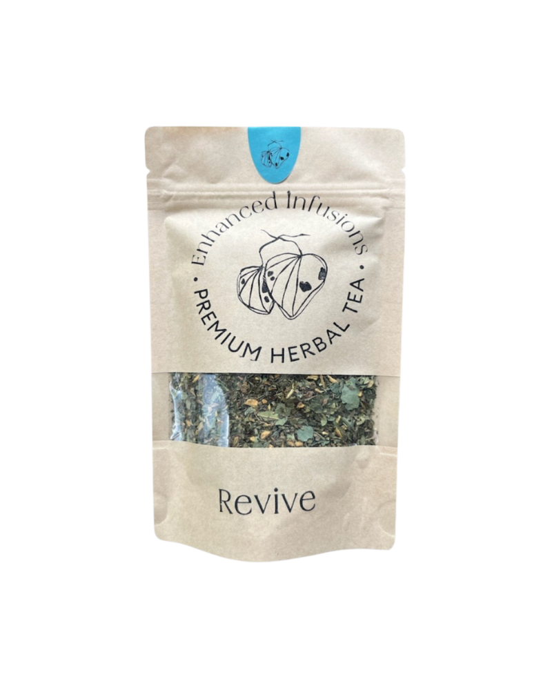 A supplement container of Revive Premium Herbal Tea by Enhanced Wellbeing