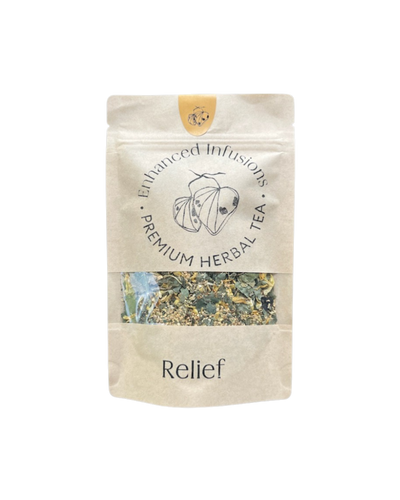 A supplement container of Relief Premium Herbal Tea by Enhanced Wellbeing