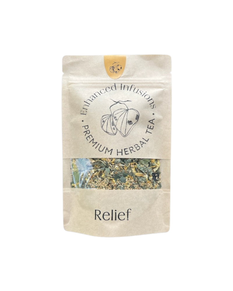 A supplement container of Relief Premium Herbal Tea by Enhanced Wellbeing