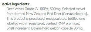 Supplement facts for Deer Antler Velvet 500mg