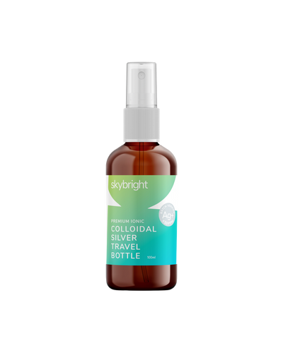 A supplement container of Colloidal Silver Travel Spray by Skybright