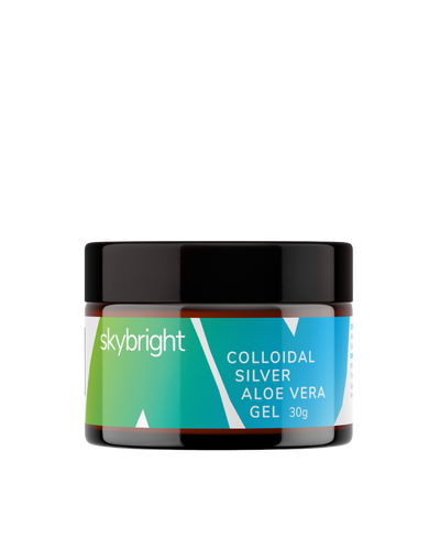 A supplement container of Colloidal Silver & Aloe Vera Gel by Skybright