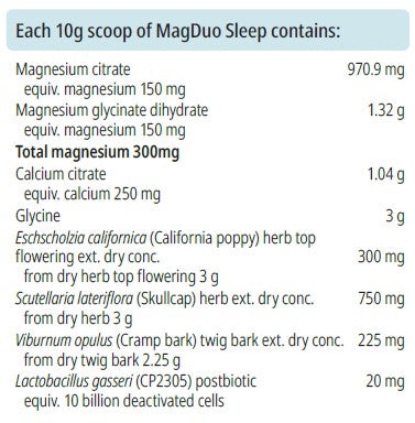 Supplement facts for MagDuo Sleep listing ingredients including Calcium, Calcium citrate, California poppy, Cramp Bark, Glycine