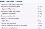 Supplement facts for MetaRelax Recharge Overnight 30 Tabs listing ingredients including Ascorbic Acid, Holy Basil, Magnesium, Magnesium, Magnesium bisglycinate