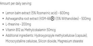 Supplement facts for Burnout Rescue 120c listing ingredients including Ashwagandha, KSM-66, Lemon Balm Extract, Rosmarinic acid, Theanine (L-Theanine)