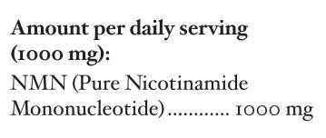 Supplement facts for NMN listing ingredients including NMN, Vitamin B3 Nicotinamide Mononucleotide (NMN)