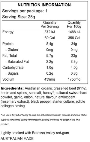 Supplement facts for Organic Beef Stick (Mexican) listing ingredients including Alpha lipopic acid R from, Beef, Black pepper, Celtic Sea Salt, Chaste Tree