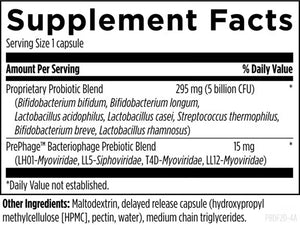 Supplement facts for Probiophage DF listing ingredients including Bifidobacterium bifidum, Bifidobacterium breve, Bifidobacterium longum, Lactobacillus acidophilus, Lactobacillus casei