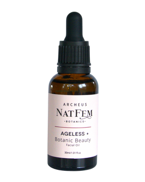 A supplement container of Ageless Beauty Botanical Facial Oil by Archeus NatFem Botanics