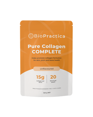 A supplement container of Pure Collagen Complete (320g) by Bio-Practica