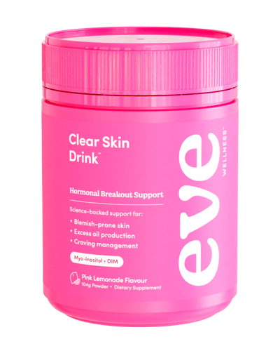 A supplement container of Clear Skin Drink by Eve