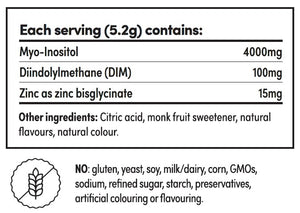 Supplement facts for Clear Skin Drink listing ingredients including DIM, Diindolylmethane, Inositol Myo, Zinc, Zinc bisglycinate