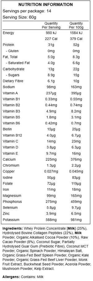 Supplement facts for Meal Shake (Dark Chocolate) listing ingredients including Acerola extract, Beef, Cacao, Cocoa Powder, Coconut