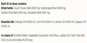 Supplement facts for Bladder + Kidney Support 250ml listing ingredients including Celtic Sea Salt, Citric Acid, Horsetail, Hydrangea, Iodine