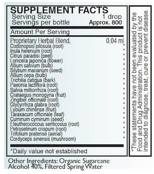 Supplement facts for ENVI-RAD listing ingredients including Allium sativum, Citrus Aurantium, Codonopsis root, Cordyceps sinensis, Crataegus monogyna