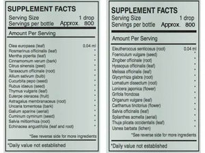 Supplement facts for A-EHV listing ingredients including Allium sativum, Althaea officinalis, Astragalus, Cat's claw (Uncaria tomentosa), Cinnamomum verum