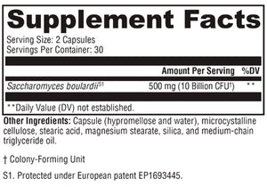 Supplement facts for Saccharomycin® 10B listing ingredients including Saccharomyces boulardii