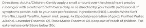 Supplement facts for Stress Calming Balm with Aurum, Lavender and Rose listing ingredients including Behenyl Alcohol, Benzyl Alcohol, Cetyl Alcohol, Cherokee rose, Geranium Oil