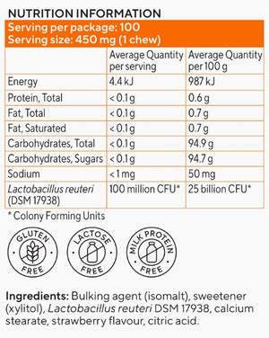 Supplement facts for BioGaia Protectis Adult Chewable listing ingredients including Calcium, Citric Acid, Isomalt, Lactobacillus, Lactobacillus Reuteri