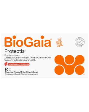 A supplement container of BioGaia Protectis Adult Chewable (Strawberry 30tabs) by BioGaia