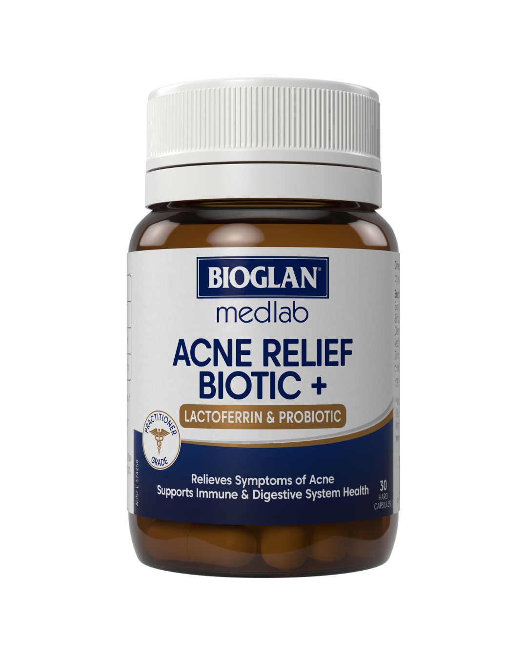 A supplement container of Acne Relief Biotic (Previously Lactoferrin Enhanced) by Medlab
