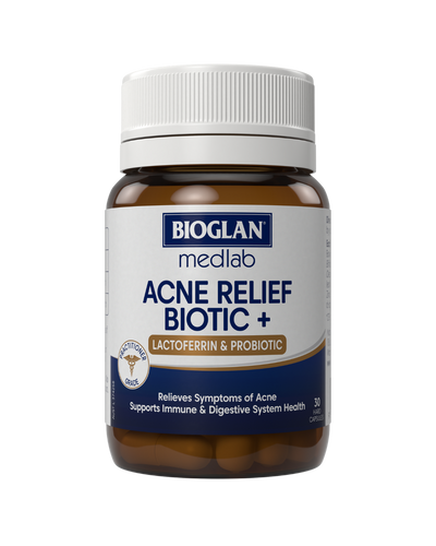 A supplement container of Acne Relief Biotic (Previously Lactoferrin Enhanced) by Medlab