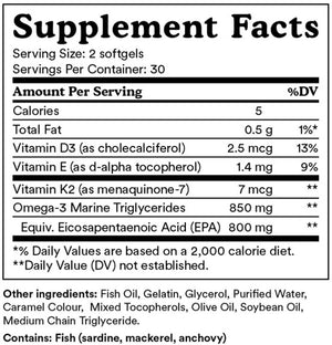Supplement facts for MitoMega Omega-3 listing ingredients including Cholecalciferol, D-alpha tocopherol, Eicosapentaenoic acid, Fish Oil, Medium Chain Triglycerides (MCTs)
