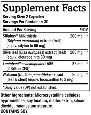 Supplement facts for MitoQ Marine Fucoxanthin Formula listing ingredients including Lactobacillus acidophilus, Milk thistle, Milk thistle (Silybum marianum), Olea europaea, Olive extract