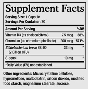 Supplement facts for MitoQ S-equol Women's Balance listing ingredients including Bifidobacterium, Bifidobacterium breve, Cholecalciferol, Chromium, Chromium Picolinate