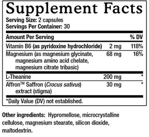 Supplement facts for MitoQ Triple Magnesium Complex listing ingredients including Affron, Crocus Sativus Stigmas, Crocus sativus, Crocus sativus stigmas, Magnesium