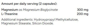 Supplement facts for Magnesium Sleep 120c listing ingredients including Magnesium bisglycinate, Theanine (L-Theanine)