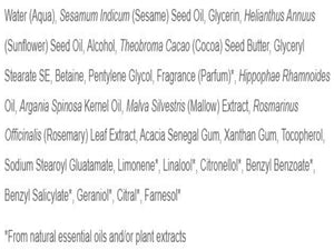  water, sesame indicum seed oil, glycerin, helianthus annuus seed oil, cocoa seed butter, and several botanical extracts.