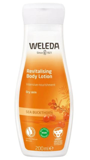 A 200ml bottle of Weleda Revitalising Body Lotion in Sea Buckthorn.