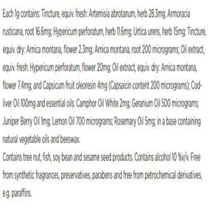 Supplement facts for Chilblain Cream listing ingredients including Arnica montana, Artemisia, Beeswax, Capsaicin, Cinnamomum Camphora