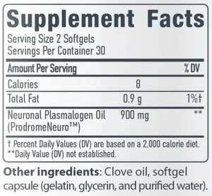 Supplement facts for PlasmalogenN3™ (Formerly ProdromeNeuro™) listing ingredients including Clove bud